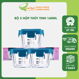 Hộp Thủy Tinh Chia Vạch, Bộ 3 Hộp Đựng Thức Ăn Cho Bé 160ML Nắp Khóa Kín