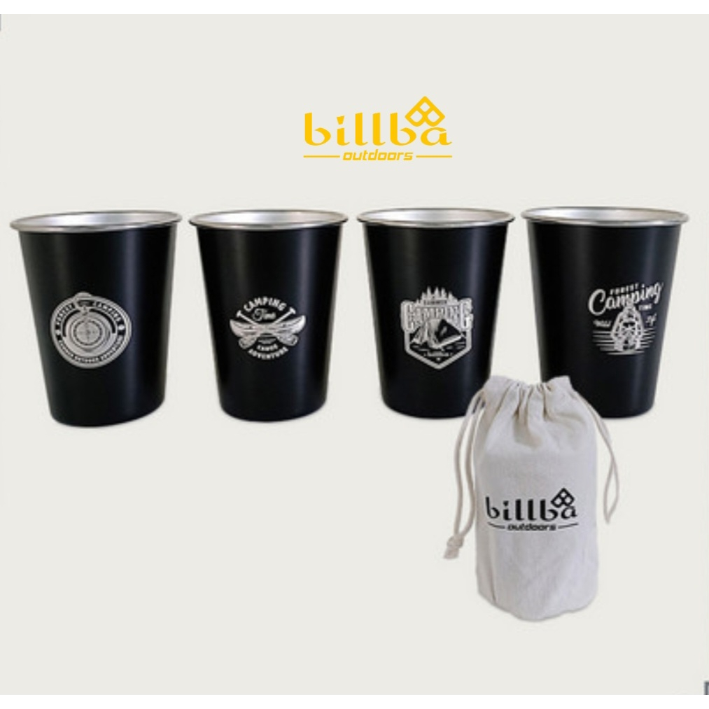 Set 4 cốc uống nước inox 304 cắm trại dã ngoại - Bộ 4 ly nước dung tích 350ml kèm túi đựng BB4214 - Billba Outdoors