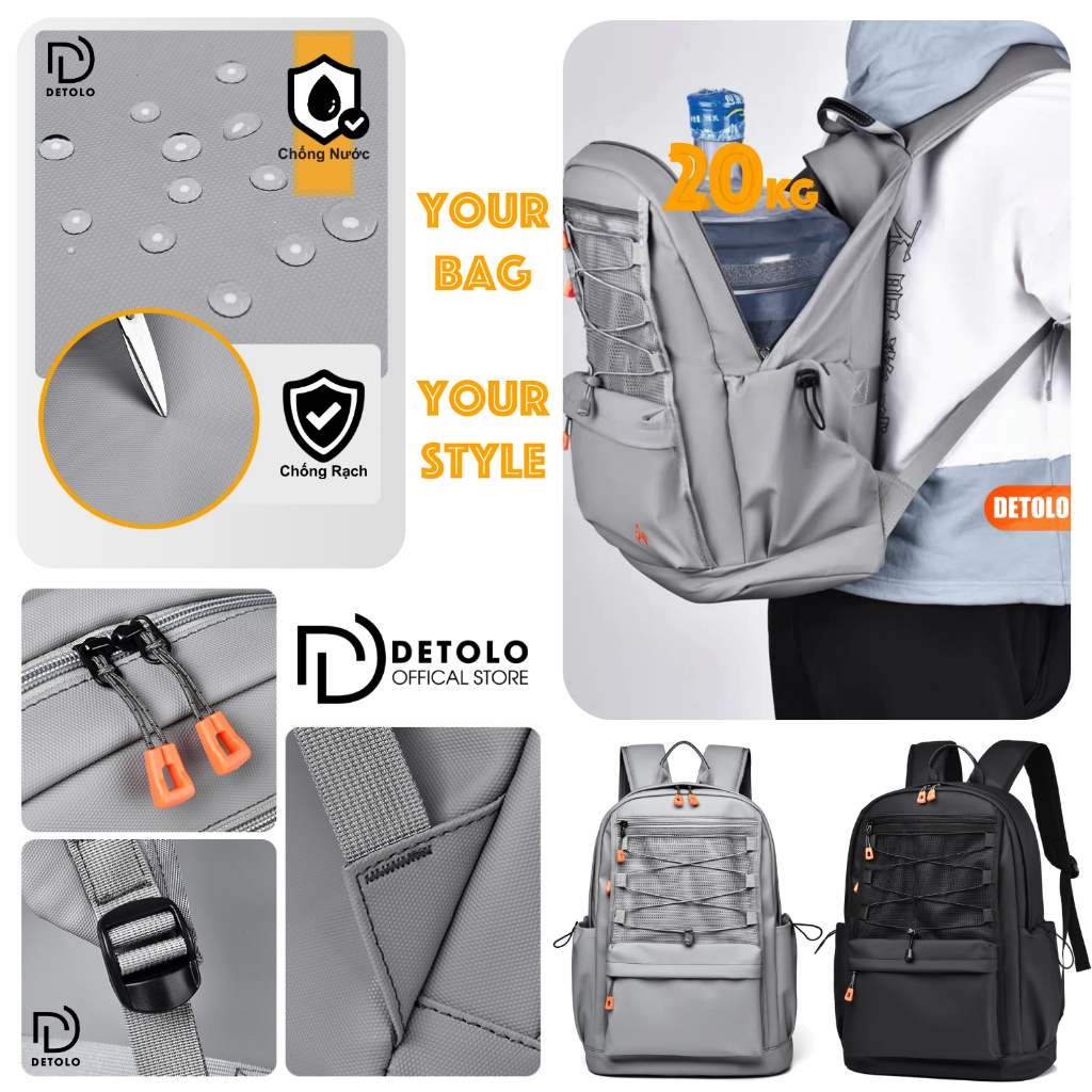 Balo chống nước BL011 Balo nam nữ đi làm đi học đựng laptop 15.6 và 16 inch, Balo DETOLO Cặp đi học thời trang