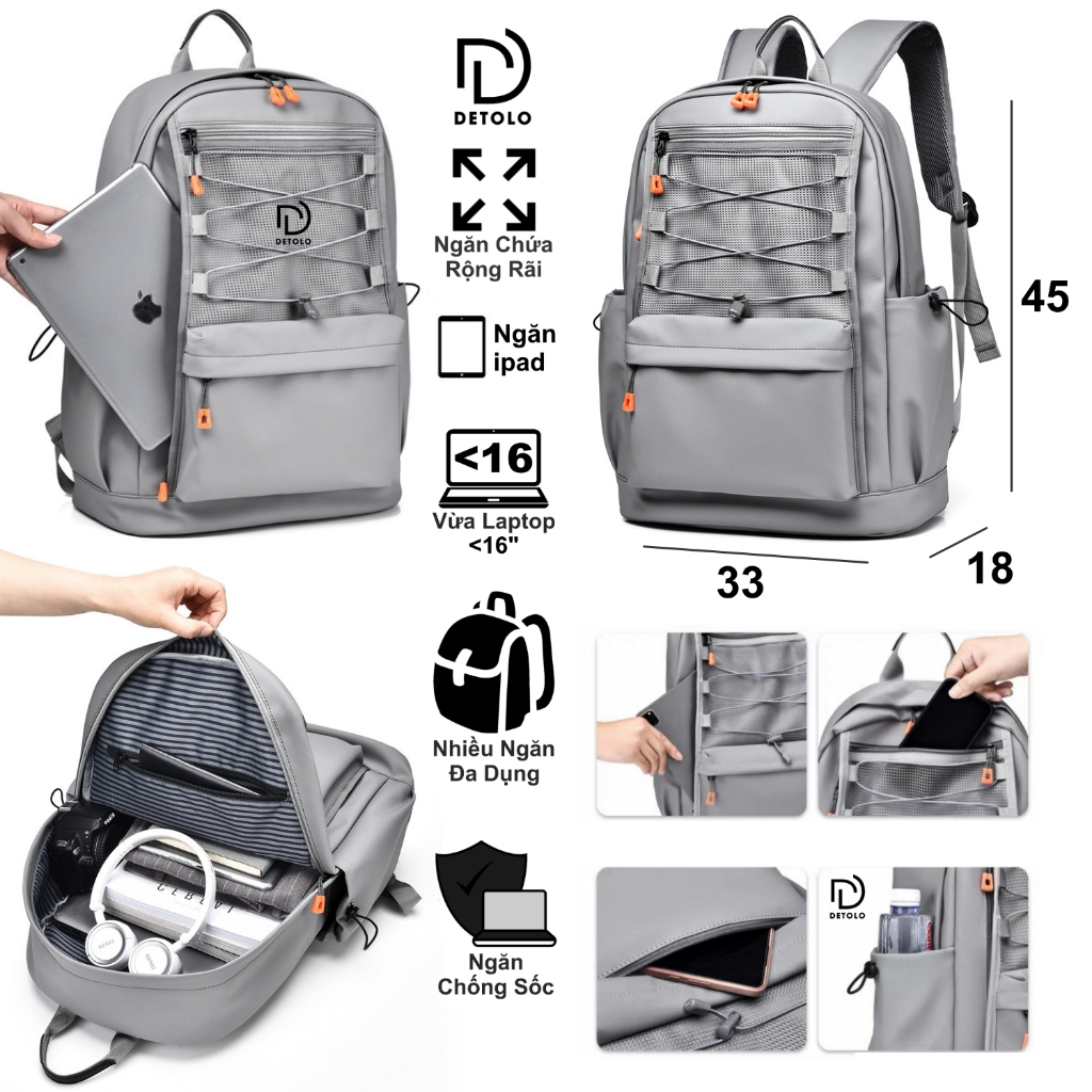 Balo chống nước BL011 Balo nam nữ đi làm đi học đựng laptop 15.6 và 16 inch, Balo DETOLO Cặp đi học thời trang