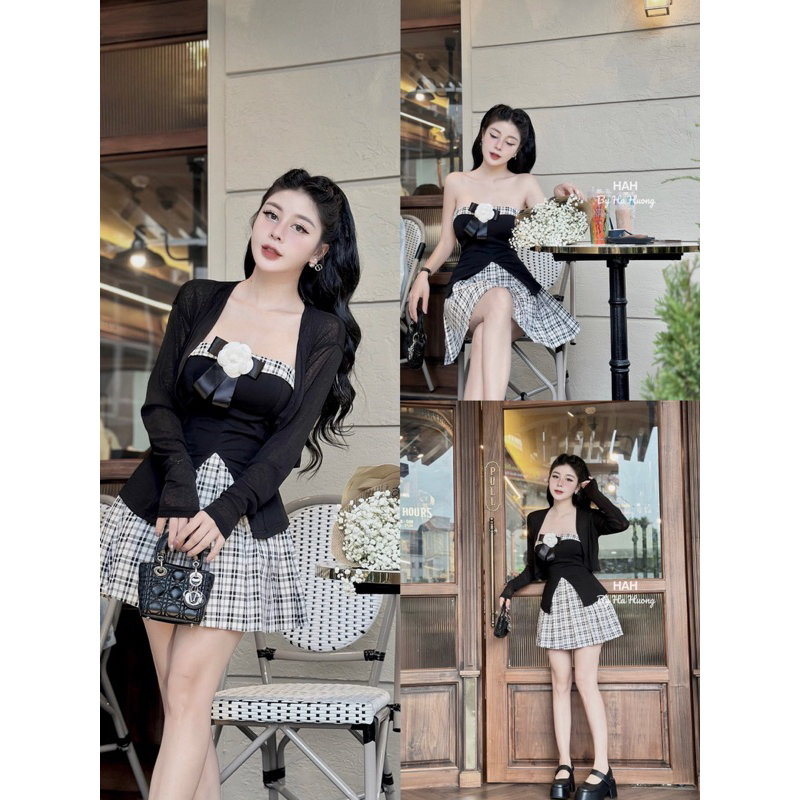Set áo kẻ 3  món áo khoác voan mix áo cúp hoa trà cùng chân váy xếp ly xinh xỉu