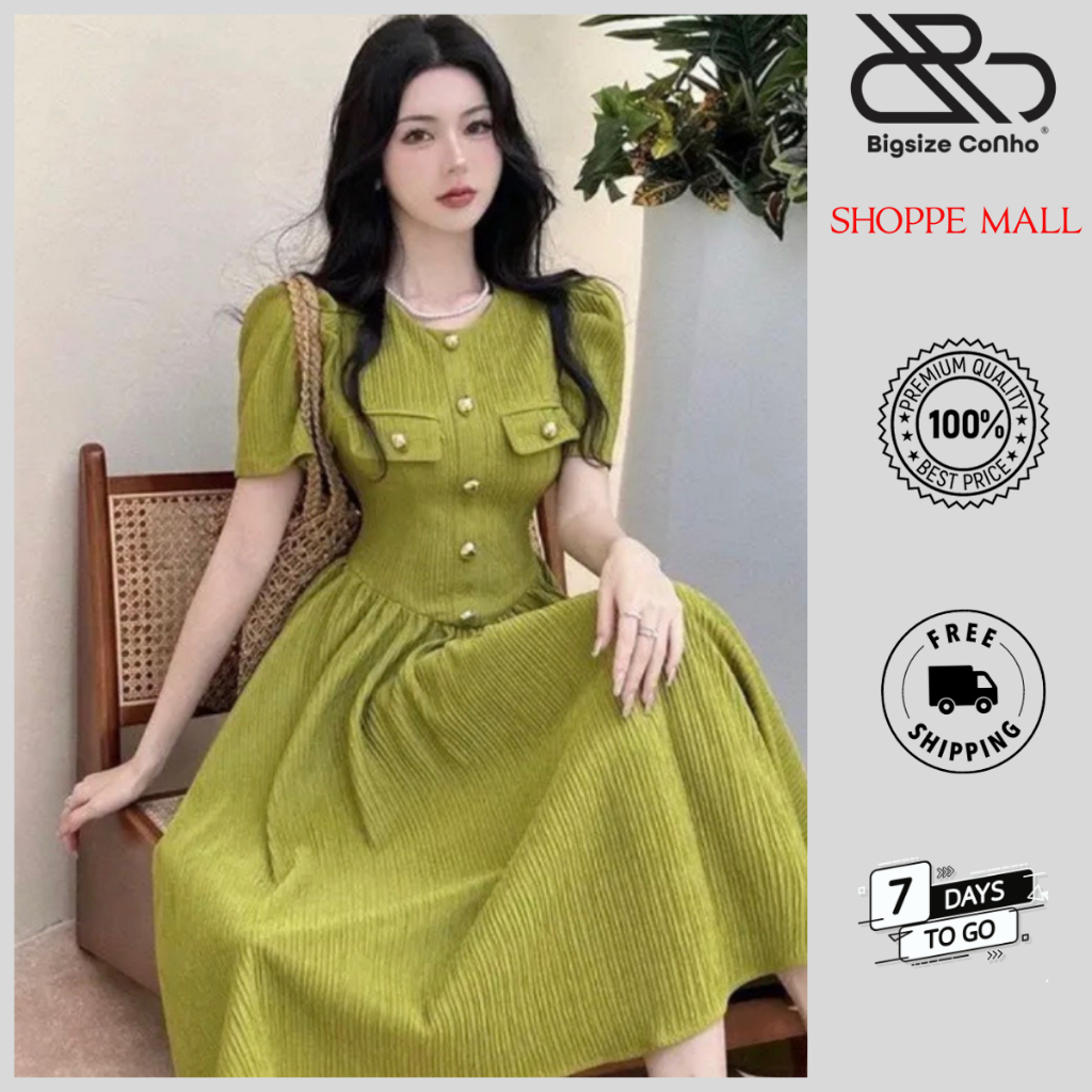 Đầm Bigsize Cô Nhỏ dáng xòe tay ngắn cách điệu nút khuy phong cách tiểu thư vải xốp nhật mềm mát co giãn G209