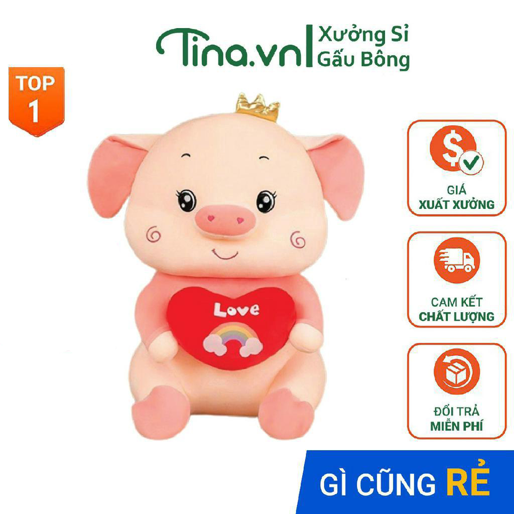 Gấu bông gối ôm Tina Heo ôm tim bông cao cấp, vỏ nhung Hàn Quốc mềm mịn, co dãn 4 chiều, size 60cm - 80cm