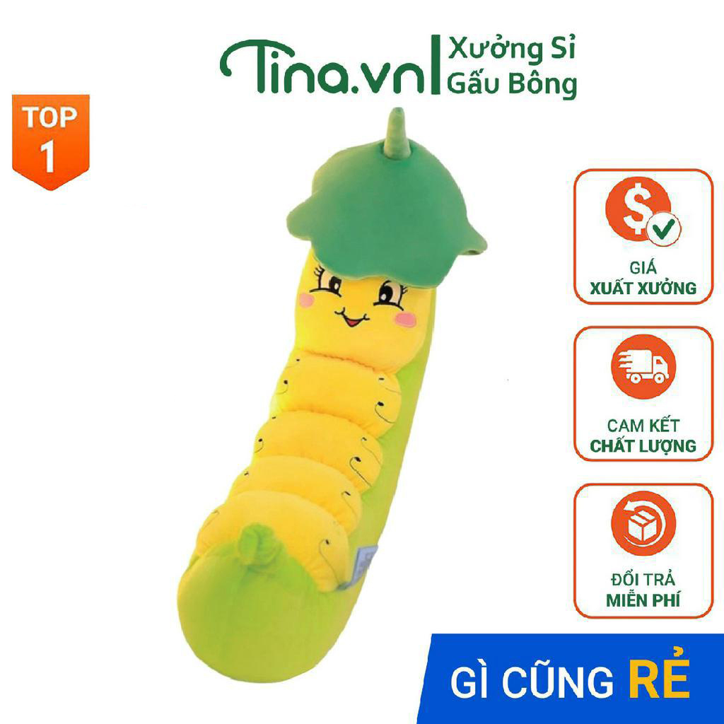 Gấu bông gối ôm Tina Heo sâu đậu cao cấp, vỏ nhung Hàn Quốc mềm mịn, co dãn 4 chiều, size 70cm - 120cm