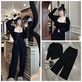 Set Bộ Đồ Nữ 3 Món Áo 2 s Dây Cúp Ngực Áo Thun Dài Tay Quần Suông Ống Rộng Tăm Len 40-70kg mẫu SET3MONĐEN2SKAB. D294