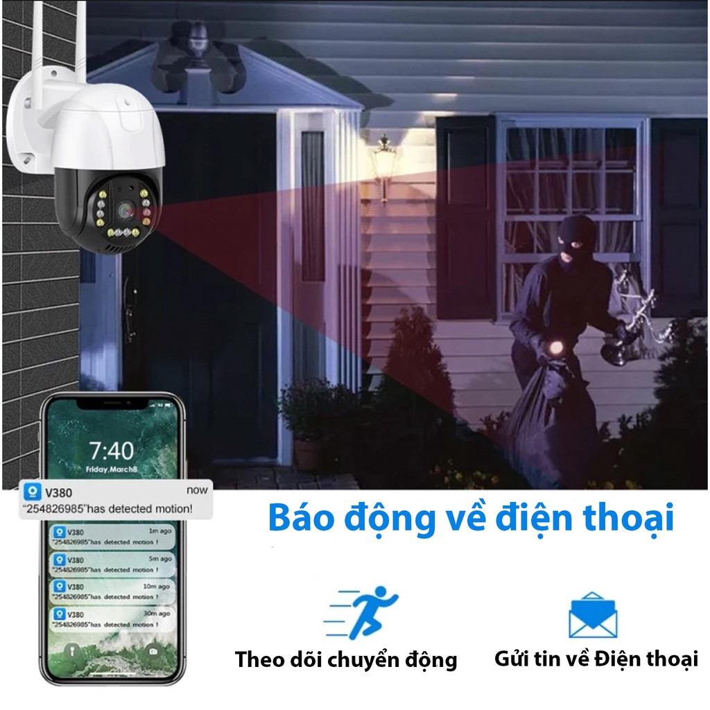 Camera Wifi Ngoài Trời Chống Nước  V380 PRO 5.0 MPX, Độ Phân Giải 4K, Cảm Biến Chuyển Động, Đàm Thoại 2 Chiều