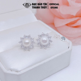 Bông tai bạc nữ Bảo Tín Thanh Thủy khuyên tai bạc kiểu nụ trai đính đá các mẫu chất liệu bạc ta nguyên chất