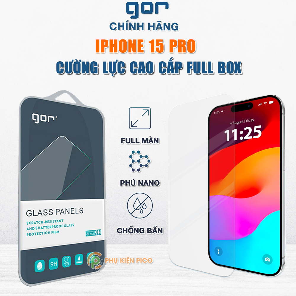 Kính cường lực Iphone 15 Pro trong suốt full màn hình chính hãng GOR - Dán màn hình Iphone 15 Pro