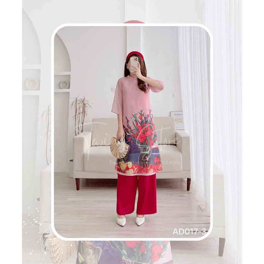 Áo dài cách tân kèm quần, dáng suông in họa tiết, chất tơ mềm mại - AD017