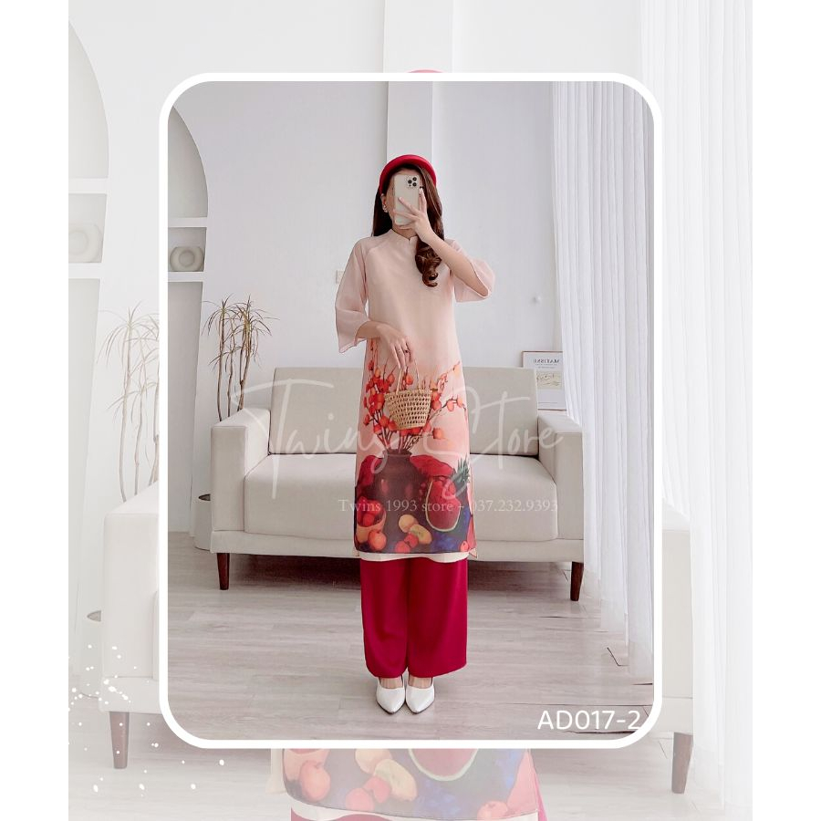 Áo dài cách tân kèm quần, dáng suông in họa tiết, chất tơ mềm mại - AD017