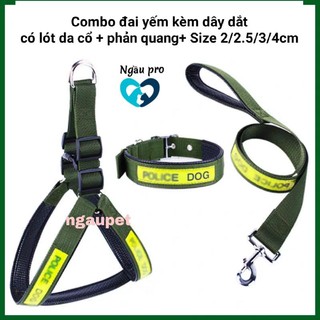 Policedog - Dây dắt chó lớn kèm đai nịt ngực hình yên ngựa có phản quang đi tối đêm cho cảnh khuyển nghiệp vụ Ngaupet