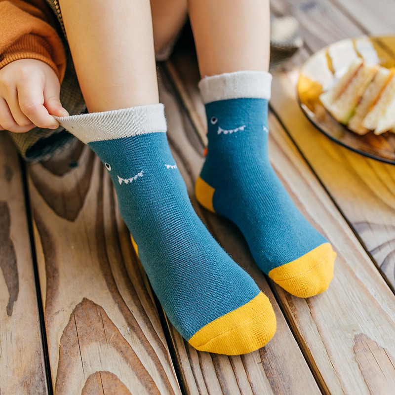 Set 5 Đôi Tất Trẻ Em Cotton Hình Khủng Long Phối Kẻ Mềm Mại Thoáng Khí