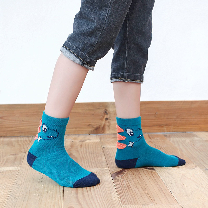 Set 5 Đôi Tất Trẻ Em Cotton Hình Khủng Long Phối Kẻ Mềm Mại Thoáng Khí