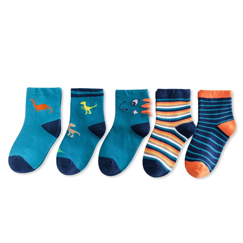 Set 5 Đôi Tất Trẻ Em Cotton Hình Khủng Long Phối Kẻ Mềm Mại Thoáng Khí
