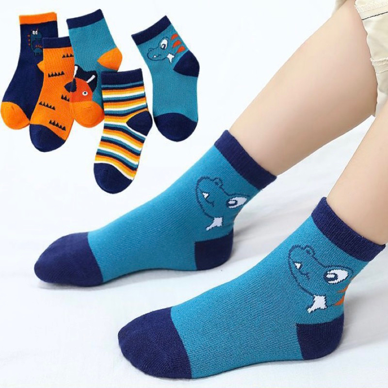 Set 5 Đôi Tất Trẻ Em Cotton Hình Khủng Long Phối Kẻ Mềm Mại Thoáng Khí