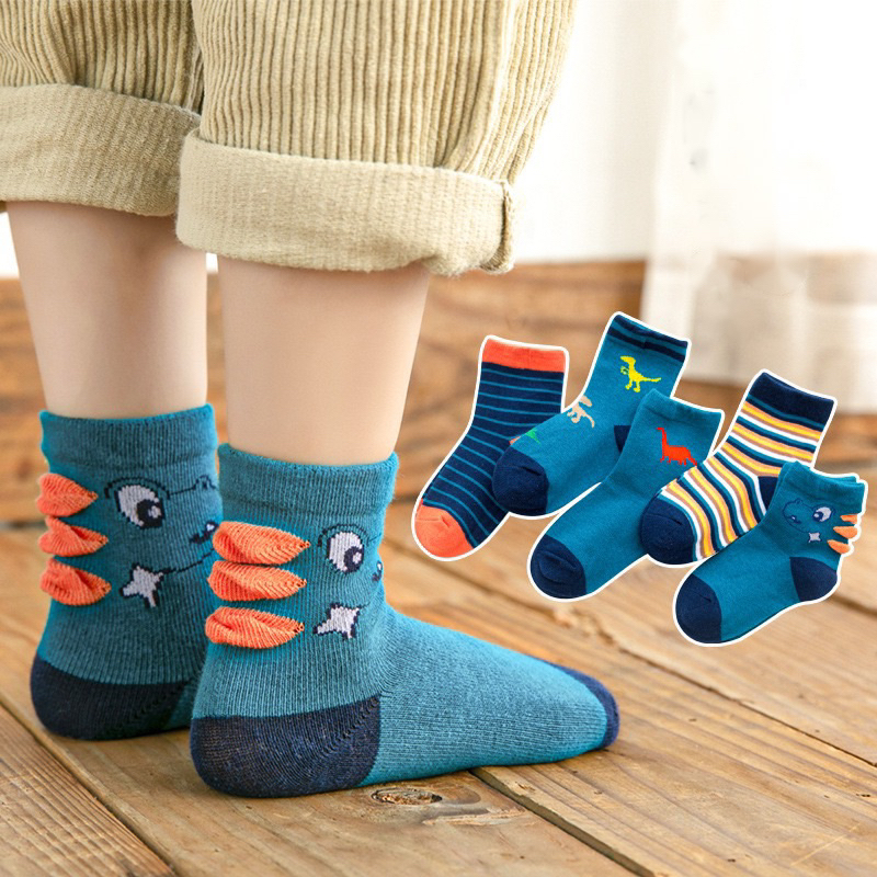 Set 5 Đôi Tất Trẻ Em Cotton Hình Khủng Long Phối Kẻ Mềm Mại Thoáng Khí