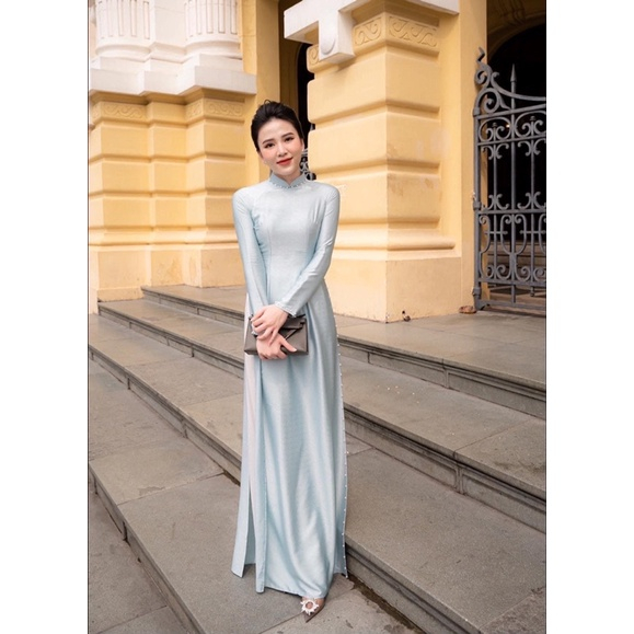 Áo dài Truyền thống vân gỗ, đính ngọc trai