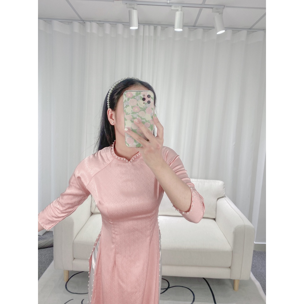 Áo dài Truyền thống vân gỗ, đính ngọc trai