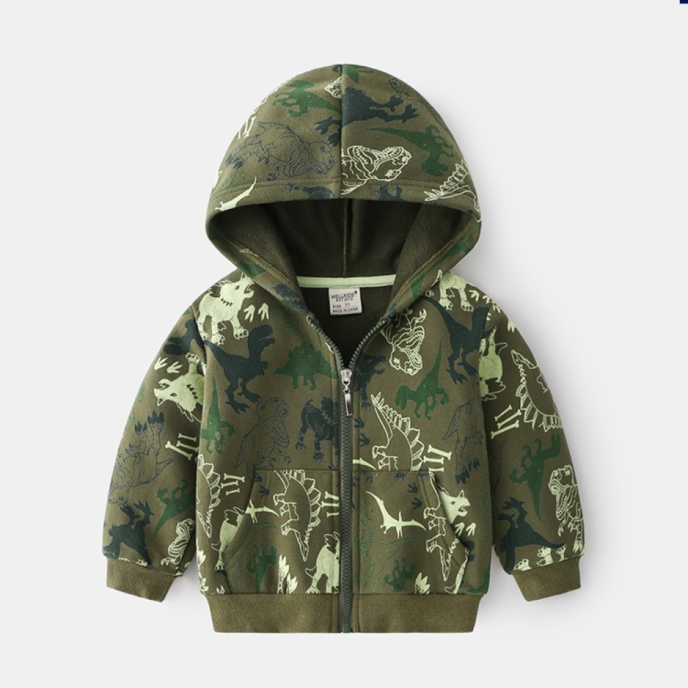 Áo khoác nỉ da cá có nón họa tiết khủng long cho bé AK31