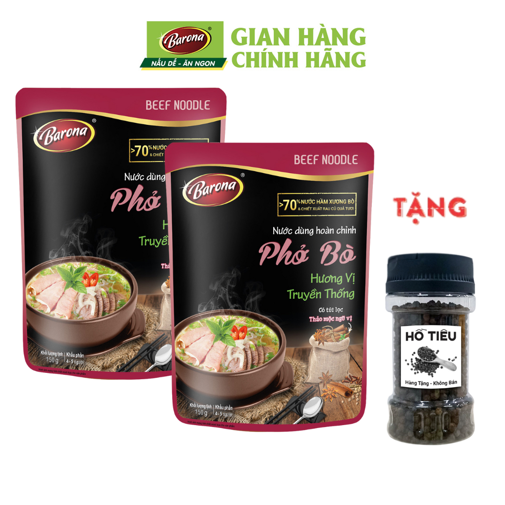 [Mã INBAU15 giảm 10% đơn 0đ] Combo 2 Gói Nước dùng Phở Bò Barona 150g, Tặng 1 hũ tiêu hạt 45g