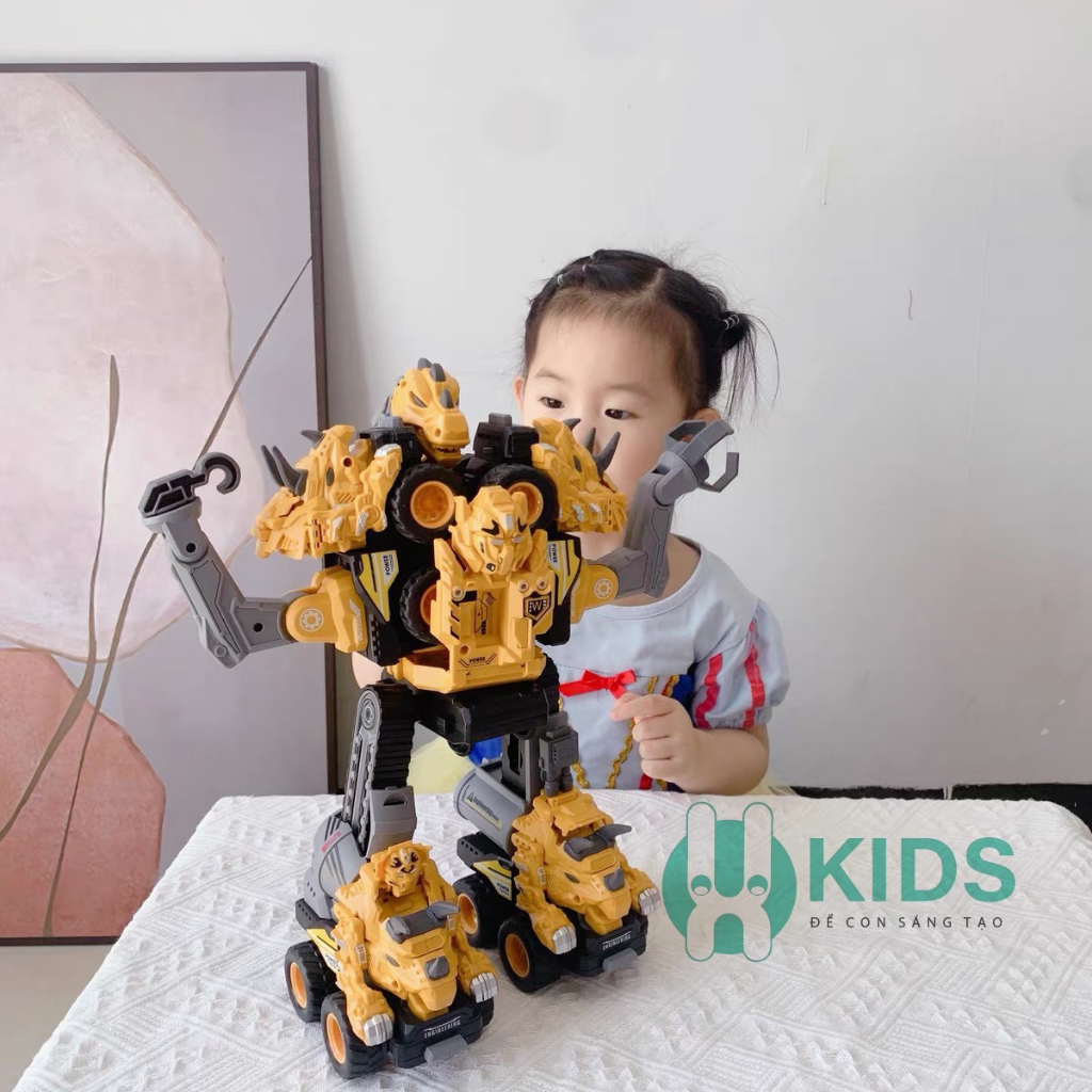 Đồ chơi bộ 5 xe công trình biến hình robot khủng long cỡ to siêu ngầu 2 in 1, đồ chơi cho bé lắp ráp siêu hay