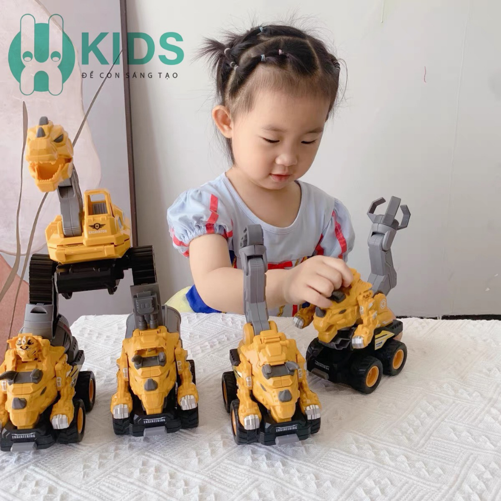 Đồ chơi bộ 5 xe công trình biến hình robot khủng long cỡ to siêu ngầu 2 in 1, đồ chơi cho bé lắp ráp siêu hay