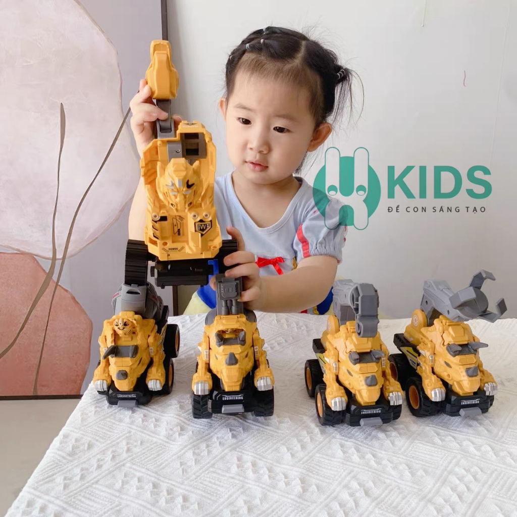 Đồ chơi bộ 5 xe công trình biến hình robot khủng long cỡ to siêu ngầu 2 in 1, đồ chơi cho bé lắp ráp siêu hay