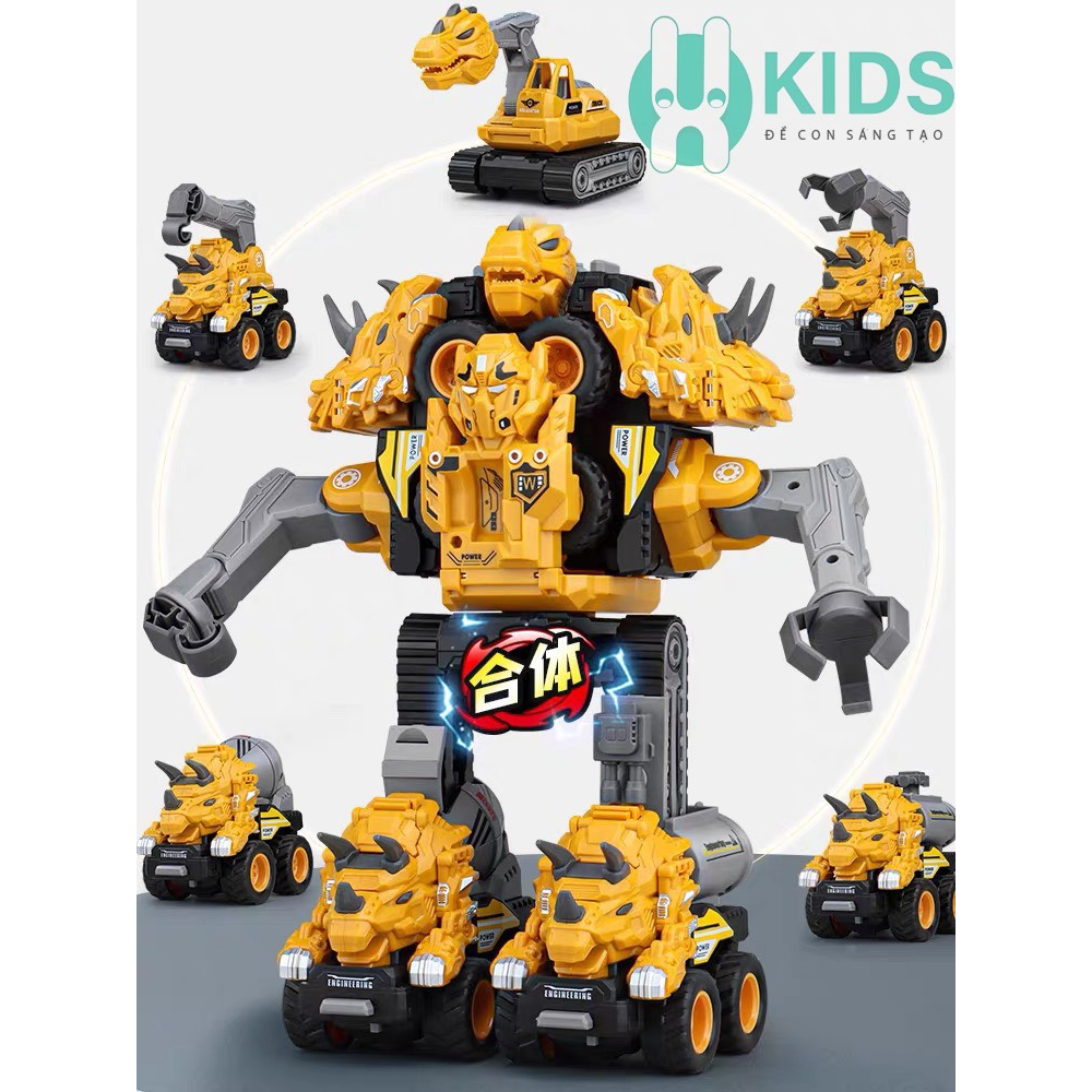 Đồ chơi bộ 5 xe công trình biến hình robot khủng long cỡ to siêu ngầu 2 in 1, đồ chơi cho bé lắp ráp siêu hay