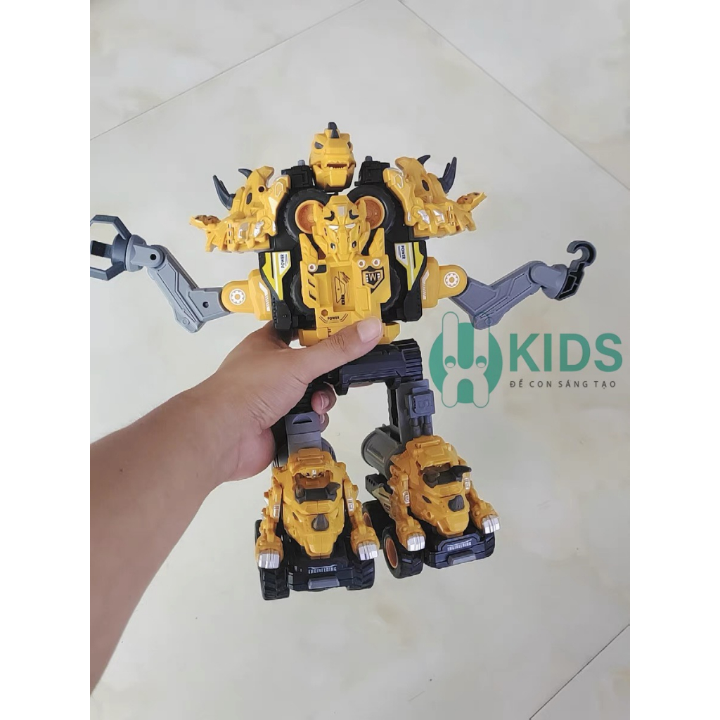 Đồ chơi bộ 5 xe công trình biến hình robot khủng long cỡ to siêu ngầu 2 in 1, đồ chơi cho bé lắp ráp siêu hay
