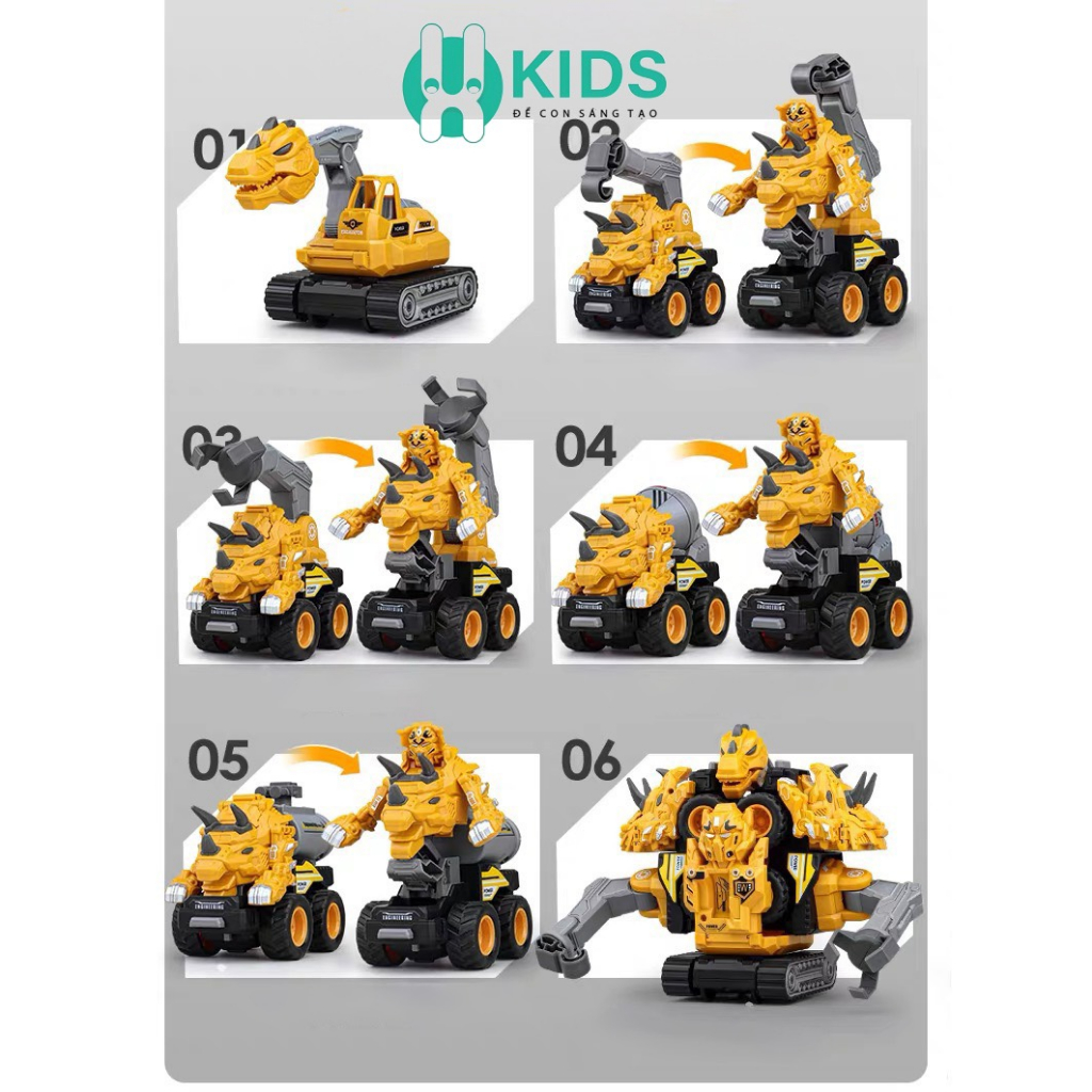 Đồ chơi bộ 5 xe công trình biến hình robot khủng long cỡ to siêu ngầu 2 in 1, đồ chơi cho bé lắp ráp siêu hay