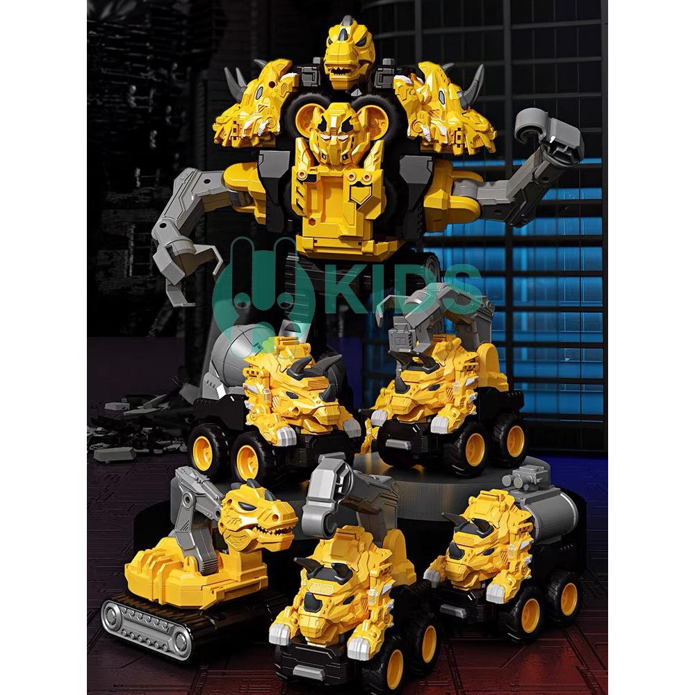 Đồ chơi bộ 5 xe công trình biến hình robot khủng long cỡ to siêu ngầu 2 in 1, đồ chơi cho bé lắp ráp siêu hay