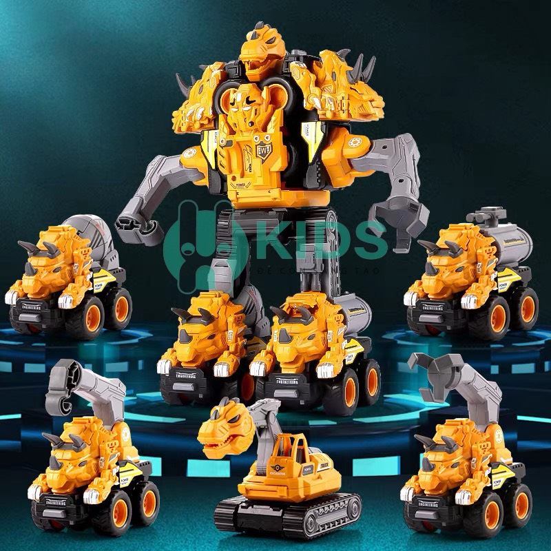 Đồ chơi bộ 5 xe công trình biến hình robot khủng long cỡ to siêu ngầu 2 in 1, đồ chơi cho bé lắp ráp siêu hay