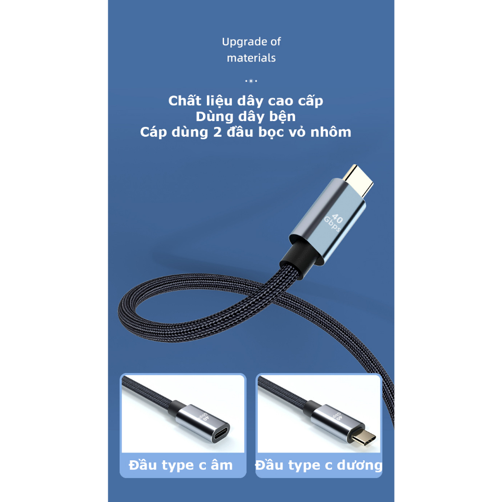 Cáp nối type c chuẩn Usb 4 hỗ trợ 8k60hz, sạc 100w, kết nối dữ liệu 40Gbps - Hồ Phạm