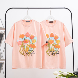 Áo thun nữ kiểu tay lỡ in nổi hình hoa tulip