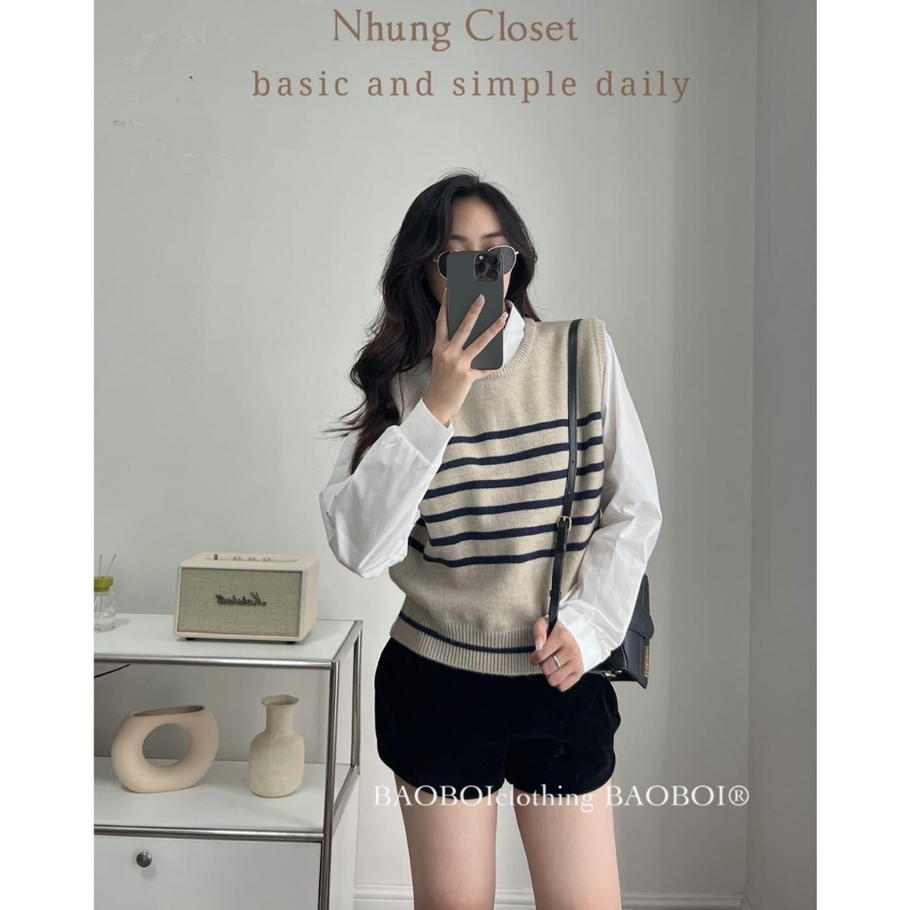 Áo Len Gile Sát Nách Basic Thêu Họa Tiết Kẻ Ngang Freesize