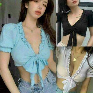 Áo kiểu tay ngắn cột nơ viền bèo croptop chất thun gân