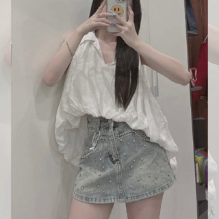 chân váy jean ngắn chữ a đính đá , chân váy đính đá bò nữ lưng cao chất dày mịn không co dãn bông mặt vải có quần bảo vệ