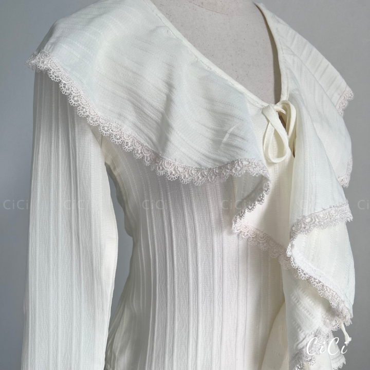 Set áo sơ mi nữ bèo dài tay mix chân váy ngắn phối viền ren phong cách nhẹ nhàng,tiểu thư