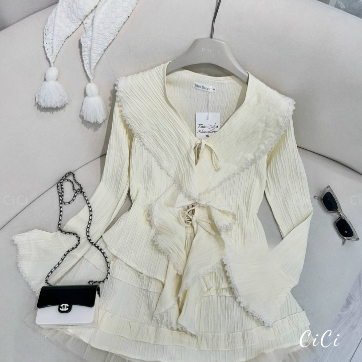 Set áo sơ mi nữ bèo dài tay mix chân váy ngắn phối viền ren phong cách nhẹ nhàng,tiểu thư
