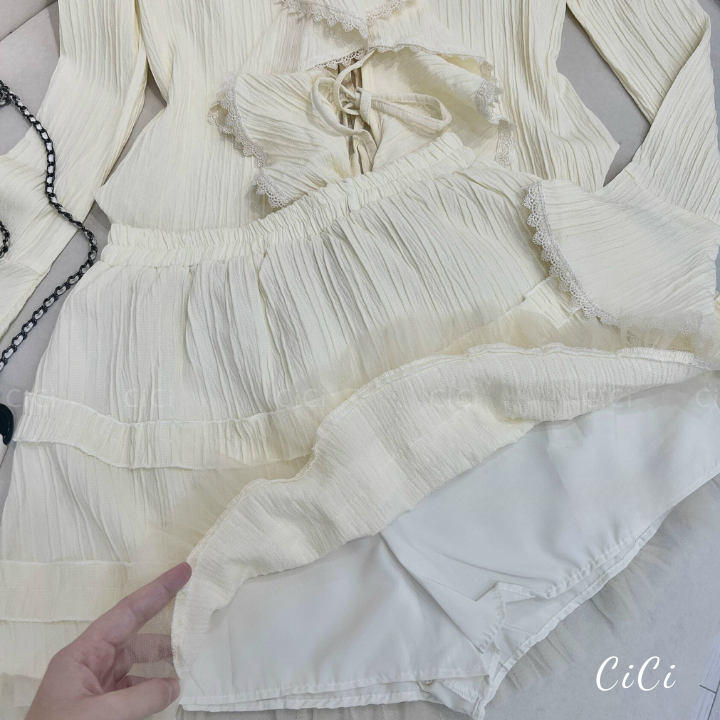 Set áo sơ mi nữ bèo dài tay mix chân váy ngắn phối viền ren phong cách nhẹ nhàng,tiểu thư