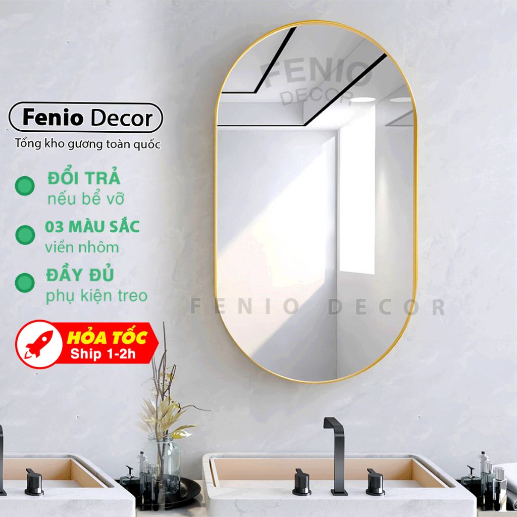 Gương treo tường nhà tắm khung viền nhôm bóng hình bầu dục oval elip kiểu cách decor phòng ngủ nhà tắm xinh đẹp