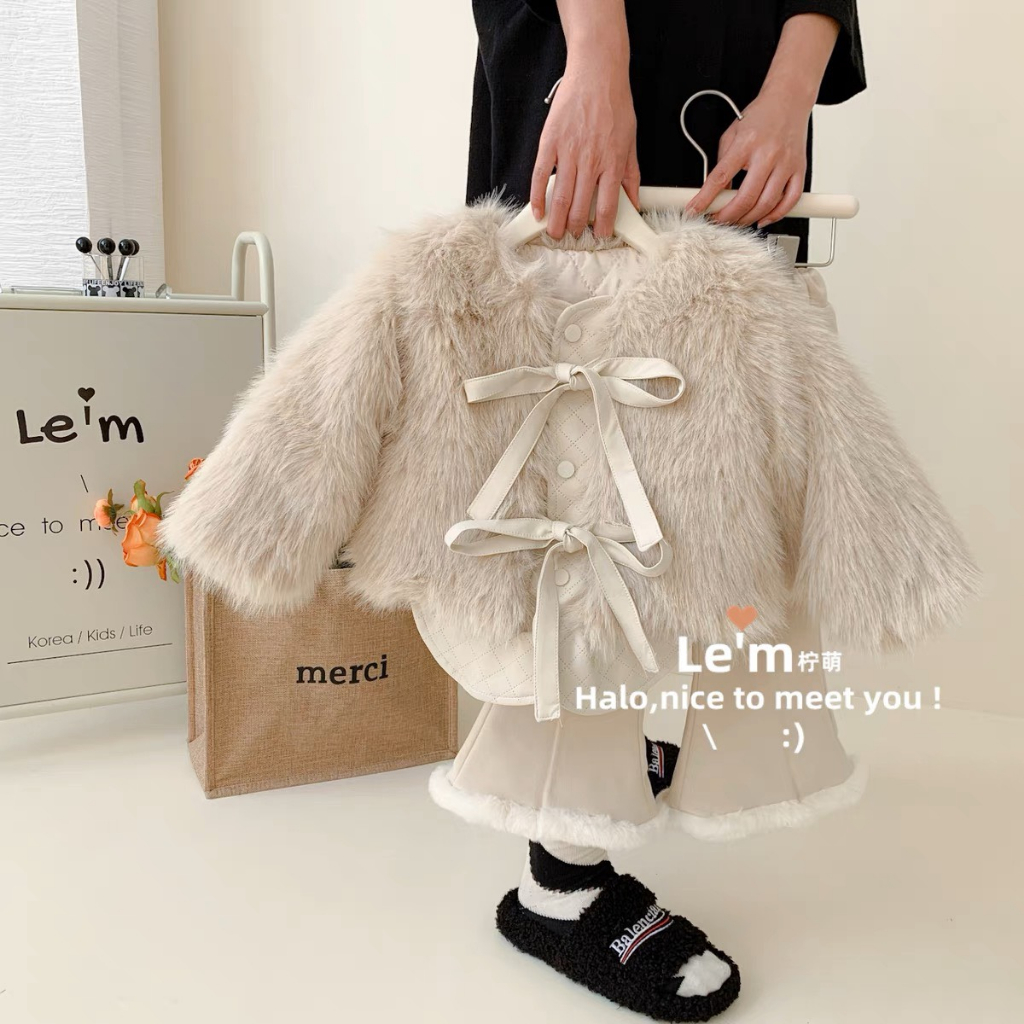 Áo Khoác Lông Chần Bông - Quần Loe Lót Lông Cho Bé Gái
