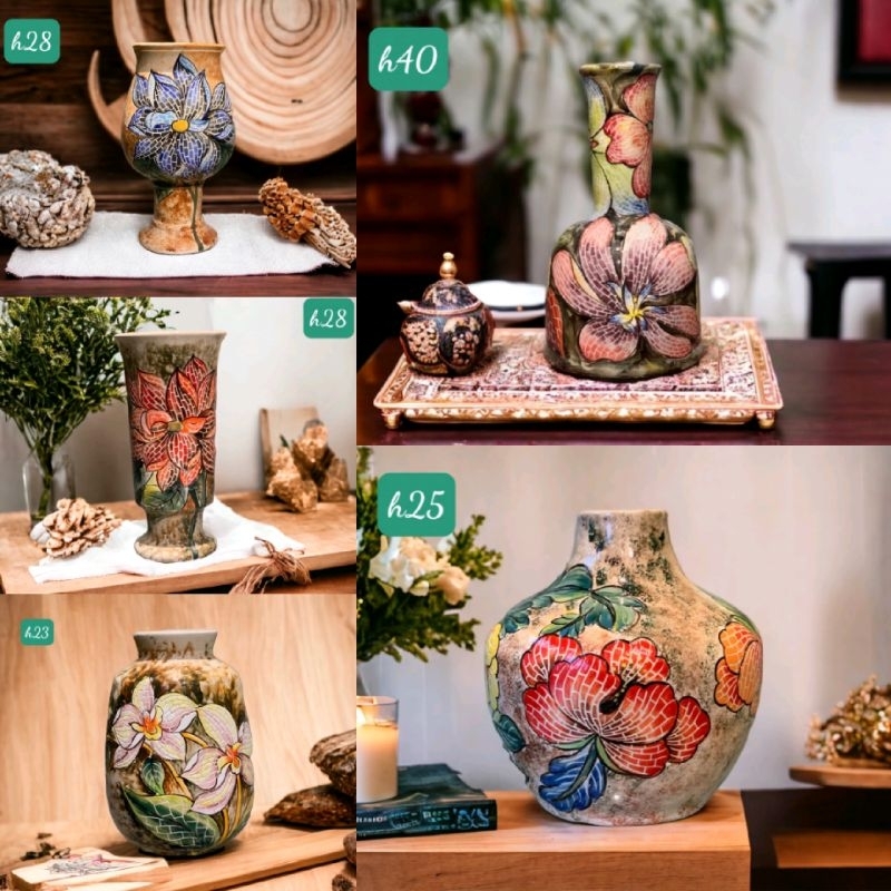 Lọ khắc tay bông sen, hoa mẫu đơn, lọ Bát Tràng decor, bình hoa gốm quà tặng, bình hoa dáng chuông khắc tay