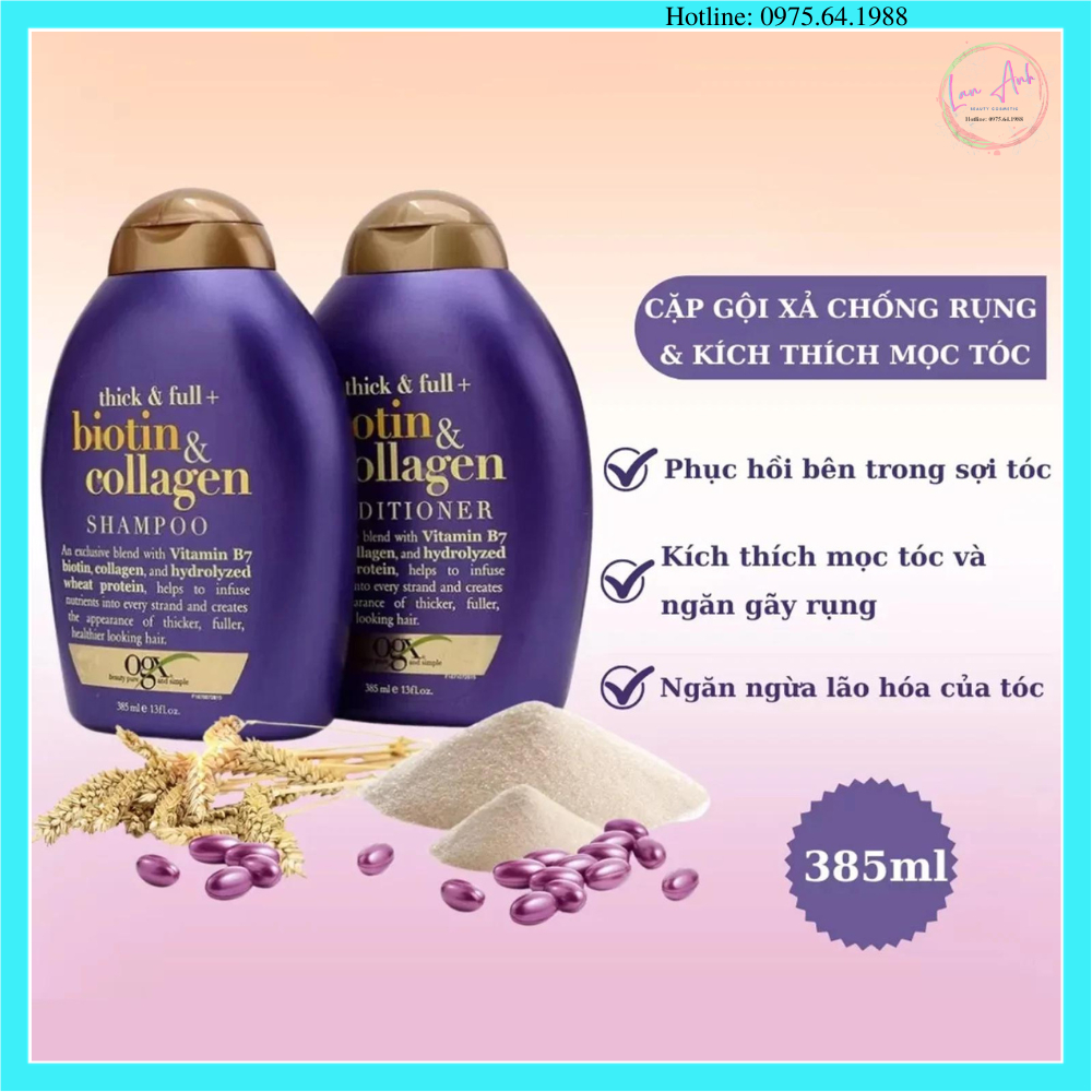 Dầu Gội , Dầu Xả Dưỡng Dày Tóc OGX Thick & Full + Biotin & Collagen Shampoo 385ml