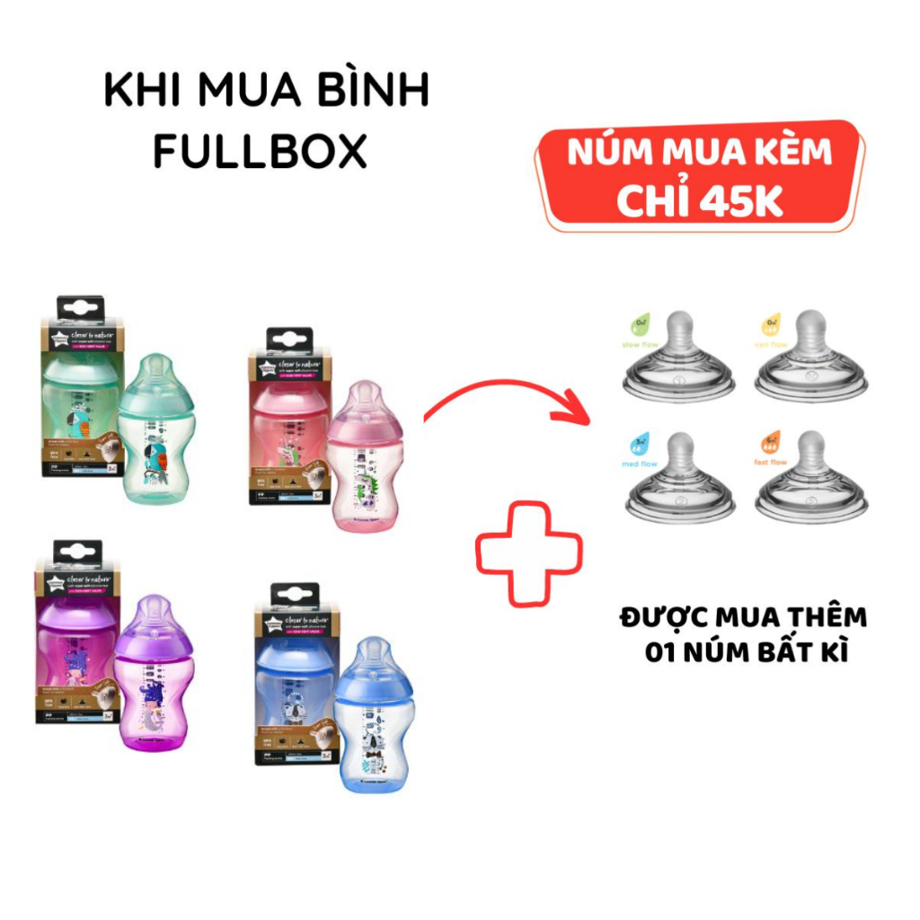 Bình Sữa PP Họa Tiết Ty Siêu Mềm Tự Nhiên Tommee Tippee 260ml, 340ml, Nhiều Size Cho Bé, Được Mua Kèm Thêm 01 Núm