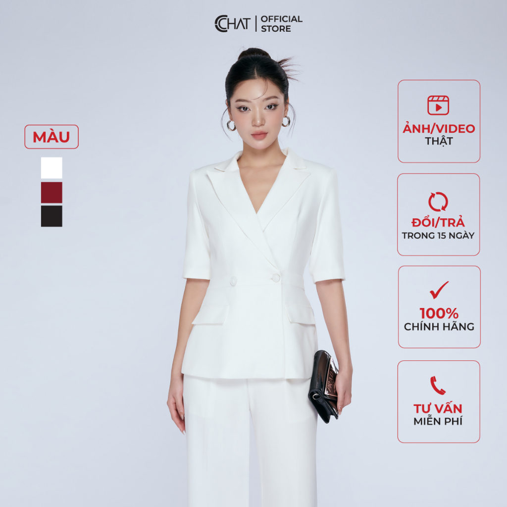 Áo Blazer Nữ 𝐂𝐂𝐇𝐀𝐓 Dáng Ôm Can Eo Tay Cộc Chất Tuytsi Cao Cấp Mềm Mịn 13EHS2001OT