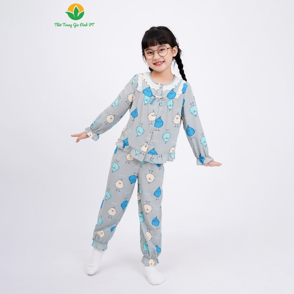 Đồ bộ mặc nhà pijama bé gái thu đông , đồ ngủ dài tay cho bé gái chất Lanh  thời trang gia đình Việt Thắng B70.2321