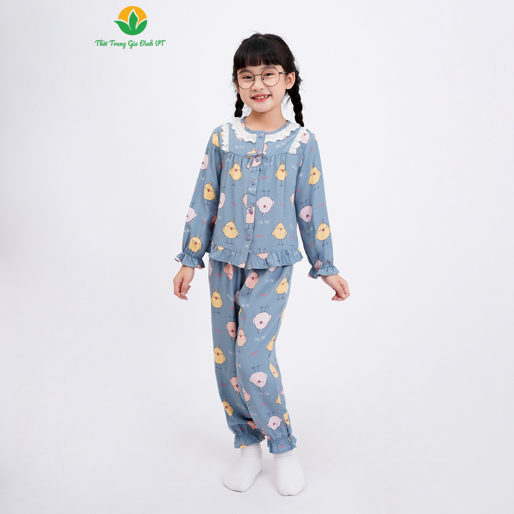 Đồ bộ mặc nhà pijama bé gái thu đông , đồ ngủ dài tay cho bé gái chất Lanh thời trang gia đình Việt Thắng B70.2321