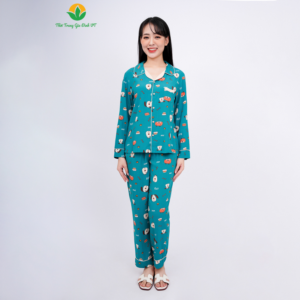 Bộ pijama lanh mặc nhà nữ thời trang Việt Thắng, quần dài, áo dài tay - B10.2301