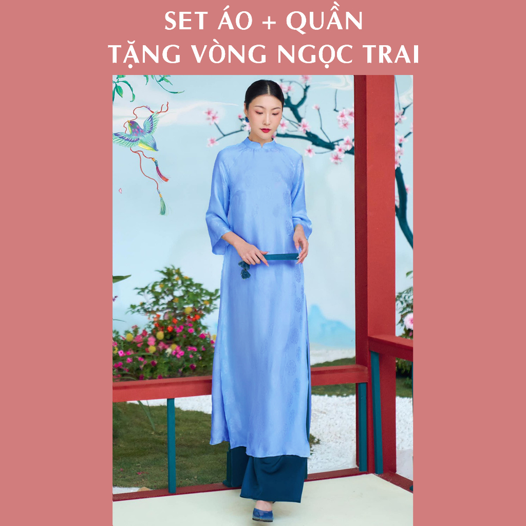 Áo dài Bích Lý, dáng xuông rộng, không chiết li, lụa gấm cao câp . Tặng vòng ngọc trai